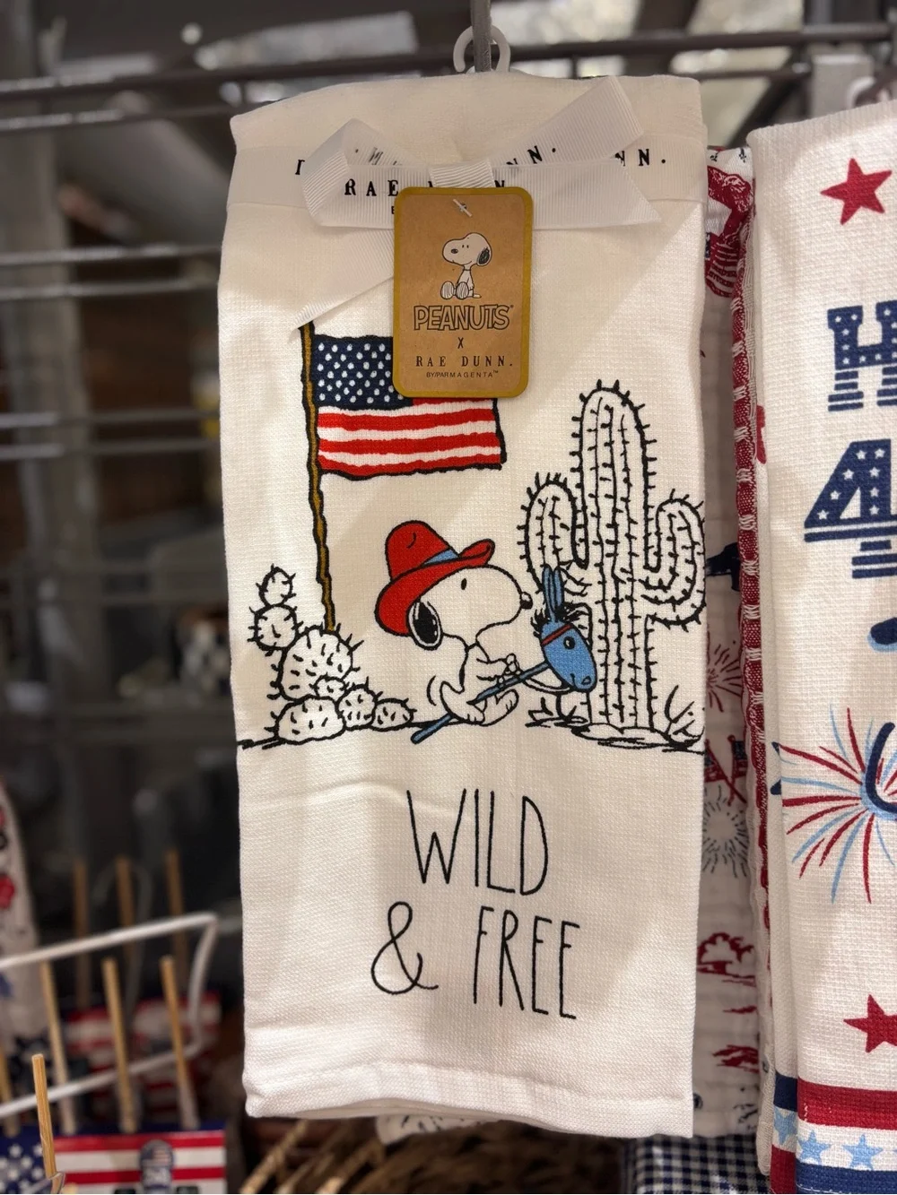 Rae Dunn White Tea Towel with Red and Blue Snoopy Design